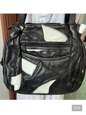 Vintage 1980s patchwork leather bag shoulder bag  3 compartment  black/white EVC